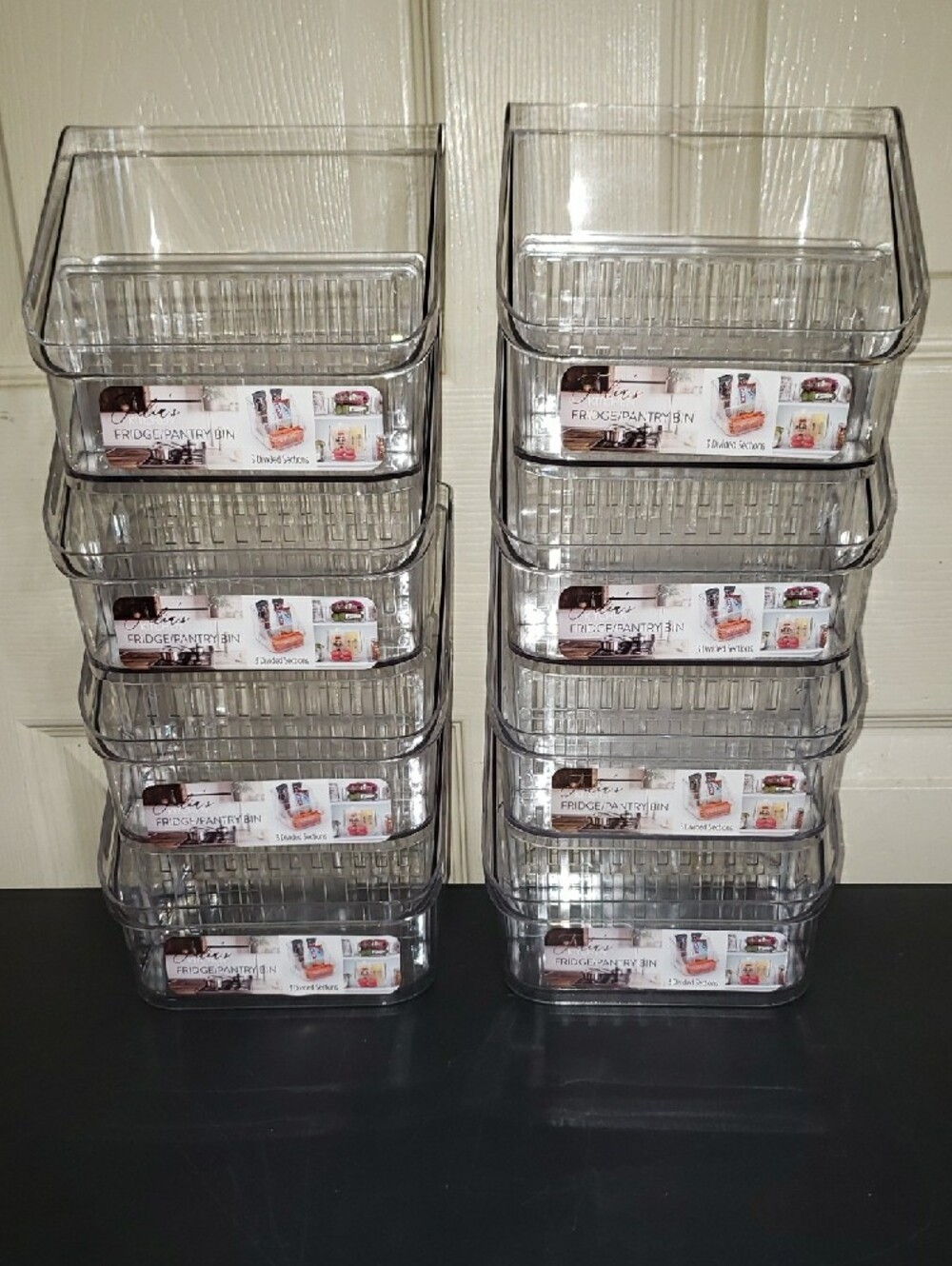 Fridge Pantry Clear Plastic Storage Bins - Set of 8 - Divided Sections of 3 New